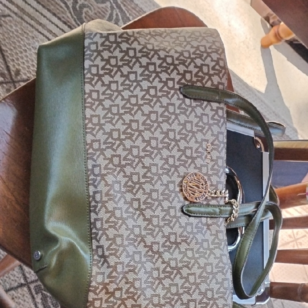 DKNYC Green and Brown Tote with Monogram Design